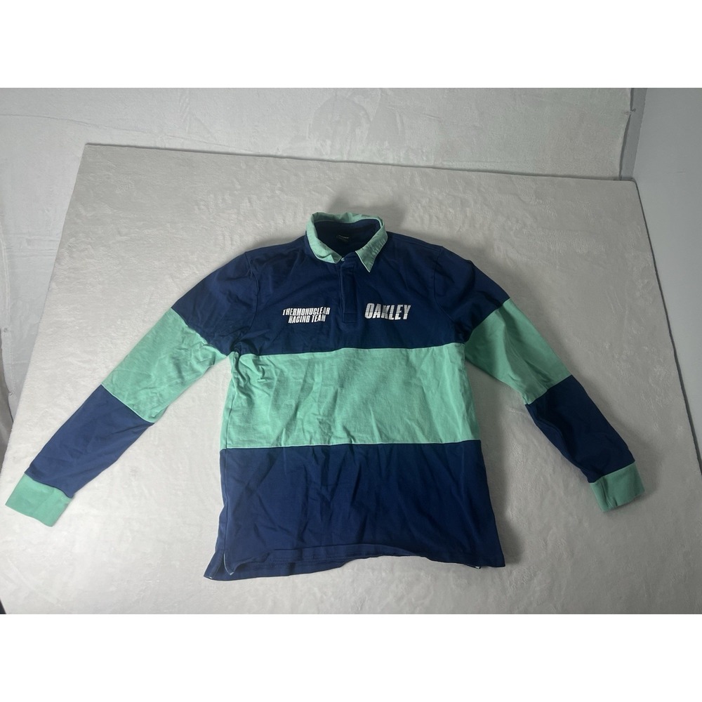 Oakley Thermonuclear Racing Team LS Rugby Polo Shirt Navy Blue Mint Small